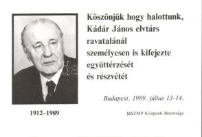 1989 Kádár János temetésén való részvétnyilvánítási köszönőlevél az MSZMP Központi Bizottsága jóvoltából