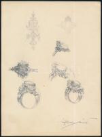 Légrády Sándor (1906-1987): Gyűrűtervek, ékszer tervek Ceruza, papír. Jelzett. 23x17 cm