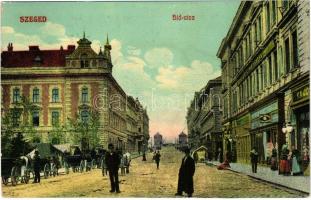 1909 Szeged, Híd utca, üzletek. Grünwald Herman kiadása (vágott / cut)