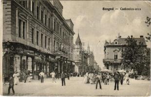 1915 Szeged, Csekonics utca, piac, Étterem a Kék Csillaghoz, bank és váltó üzlet, Eredeti Singer varrógépek. Grünwald Herman kiadása (EM)