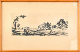 Szőnyi István (1894-1960): Hazafelé. Rézkarc, papír, jelzett, üvegezett fa keretben, 13×31,5 cm