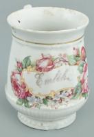 Virágmintás porcelán emlékbögre, matricás, jelzés nélkül, kopásnyomokkal, m: 10,5 cm