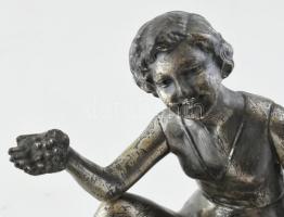 Gyümölcs kínáló. Ón szobor, alabástrom talapzaton. Jelzés nélkül. 23x18 cm