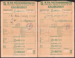 1944 M. Kir. Postatakarékpénztár 5 db zálogjegy különféle szőnyegek beadásáról