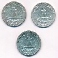 Amerikai Egyesült Államok 1961D-1964. 1/4$ Ag "Washington" (3xklf) T:2,2- patina USA 1961D...