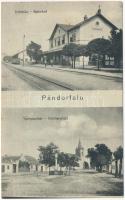 1915 Pándorfalu, Parndorf; indóház, vasútállomás, templom tér / Bahnhof, Kirchenplatz / railway station, church square (fa)