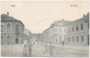 1908 Léva, Levice; Báti utca, takarékpénztár, üzletek. Schulcz Ignác kiadása / street, savings bank, shops (apró szakadás / tiny tear)