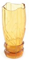 Borostyánszínű antik üveg váza, formába öntött, anyagában színezett, kisebb csorbákkal, kopásnyomokkal, m: 19 cm