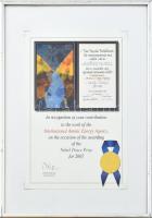 2005 A Nemzetközi Atomenergia Ügynökség köszönö levele munkatársának a Nobel Békedíj elnyerése alkalmából üvegezett keretben 21x30 cm