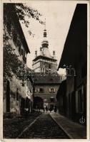 1933 Segesvár, Schässburg, Sighisoara; utca, torony, étterem / street, tower, restaurant (fl)