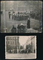 cca 1930-1940 Bp., ünnepség a Szabadság téren, katonazenekar, 2 db fotó, az egyik sérült, 8,5x6,5 cm és 11,5x9 cm