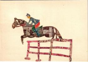 Lóverseny. Bélyegekből kivágott és összeragasztott képeslap. Budai nyomda / Horse race. Made out of stamps