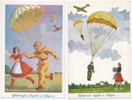 2 db RÉGI magyar katonai művészlap: ejtőernyősök / 2 pre-1945 Hungarian military art postcards: paratroopers