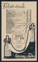 cca 1920-1940 Herczeg és Fodor Fehér áruk, illusztrált divat reklám, árjegyzékkel kartonra kasírozva, 20,5x12,5 cm