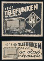 1941 Telefunken rádió reklámok, 2 db, kartonra kasírozva, 10,5x12,5 cm és 5,5x12,5 cm