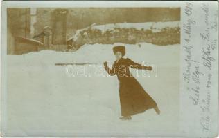 1909 Brassó, Kronstadt, Brasov; korcsolyázó hölgy a korcsolya pályán télen / lady ice skating in winter. photo