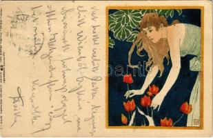 1909 Art Nouveau litho lady. Philipp & Kramer Wiener Künstler-Postkarte Serie II/7. s: Koloman Moser (EK)