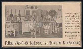 cca 1920-1940 Fellegi József Boldog vagyok, mert Fellegitől 250 pengőért teljes konyhaberendezést kaptam, mely áll 88 darabból, konyhai felszerelés reklám kartonra kasírozva, 11x19 cm