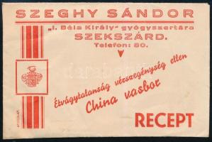 Szeghy Sándor I. Béla Király gyógyszertára Szekszárd receptboríték