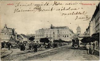 1913 Arad, Szabadság tér, emeletes autóbusz, piac / square, market, double decker autobus