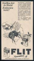 cca 1920-1940 Flit rovarírtó, illusztrált reklám kartonra kasírozva, 20x11 cm