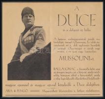 cca 1932 A Duce és a dolgozó új Itália, Balla Ignác: A Duce és a dolgozó új Itália c. művét, és így Mussolinit éltető, reklám nyomtatvány kartonra kasírozva, 18x20 cm