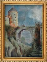 Jelzés nélkül: Lovas a vár előtti hídon. Olaj, karton, Fa keretben 16x23 cm