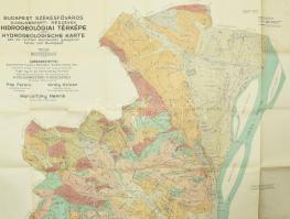 1939 Budapest székesfőváros dunajobbparti részének hidrogeológiai térképe, szakadással, 91×120 cm