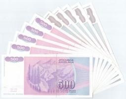 Jugoszlávia 1992. 500D (5x) sorszámkövetők "AF 7594488 - AF 7594492" + 1993. 500.000.000D ...