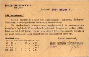 1934 Braun Testvérek Likőr és Konyakgyár reklámlapja. Hátoldalon megrendelőlap. Budapest VIII. Üllői...