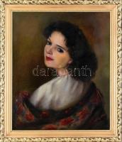 Demjén Mimi Erzsébet (?-): Bájos női portré. Olaj, vászon, javított, kissé sérült. Dekoratív, kissé sérült fa keretben, 60x50 cm