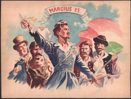 cca 1947-1950 Március 15-i szocreál ünnepi plakátterv az elszánt népvezér Petőfivel, akvarell, jó állapotban, 29,5×38,5 cm