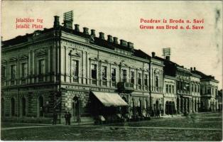 1908 Bród, Nagyrév, Slavonski Brod, Brod na Savi; Jelacicev trg / Platz / square, cafe and restaurant / tér, étterem és kávéház. Wilheim Schier 863. (W.L. ?)