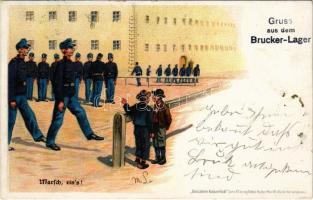 1901 Lajtabruck, Bruck an der Leitha; Brucker Lager, Marsch, ein's! / katonák a laktanyában / soldiers in the military barracks. Drei Jahre Kaiserlich Serie XV. litho