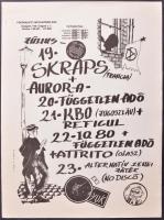 cca 1989 Skraps, Aurora, Független Adó zenekarok fellépése a budapesti Fekete Lyuk alternatív zenei klubban, műsorplakát, Botka Tibor grafikája, szép állapotban, 41×29,5 cm