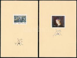Szász Endre 2 db autográf aláírása két lapon, az általa tervezett bélyegekkel