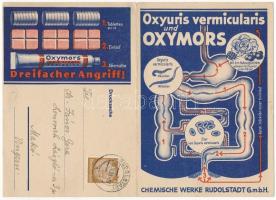 1939 Oxyuris vermicularis und Oxymors. Chemische Werke Rudolstadt G.m.b.H. / German medicine advertisement folding card (hajtásnál szakadt / torn at fold)