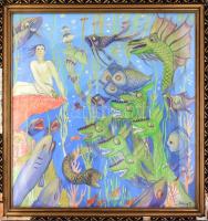 Helbing F. jelzéssel: Víz alatti világ. Akvarell, papír. Dekoratív, sérült üvegezett fa keretben, 80×80 cm