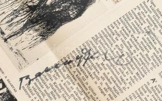 Hincz Gyula, Barcsay Jenő, Kass János, Reich Károly autográf aláírásai róluk szóló újságcikken