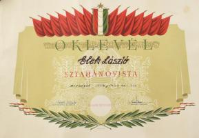 1954-1967 3 db díszes, illusztrált szocialista oklevél, feltekerve, sérülésekkel