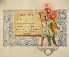 1954-1967 3 db díszes, illusztrált szocialista oklevél, feltekerve, sérülésekkel