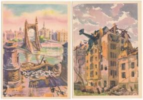 Budapest - 5 db második világhábprús grafikai lap: romok 1945 tavaszán, Blaski János szignóval (Kris...