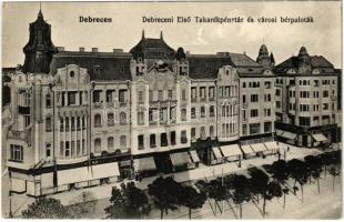 1913 Debrecen, Takarékpénztár és városi bérpaloták, üzletek. Thaisz Arthur kiadása (EK)