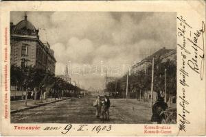 1903 Temesvár, Timisoara; Kossuth utca. Moravetz Gyula kiadása / Kossuth-Gasse / street view (ázott / wet damage)