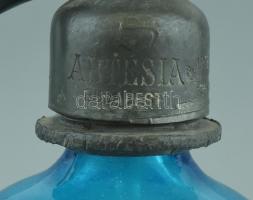 Artésia Budapest jelzett, kék szódásüveg 2db füles kék pohárral, kopott, m:27 és 8 cm