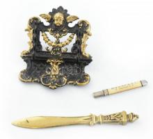 Francia öntöttvas tolltartó, jelzett: DEPONIRT, 14x11cm, réz levélbontókéssel h:8cm és egy régi ceruzával.