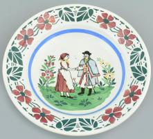 Wilhelmsburg jelzett népi tányér, kézzel festett cserép, kopott, mázlepattanások, d:23cm