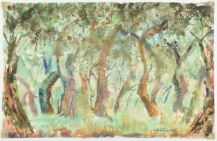 Antal Irén (1903-1999): Az erdő színei. Akvarell, papír, jelzett, sarkaiban és hátoldalán paszpartuzás nyomaival, 32,5×50 cm
