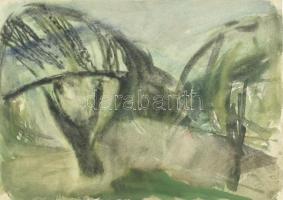 Somlai Vilma (1938-2007): Zöld táj. Akvarell, papír, jelzett a hátoldalán a művész pecsétjével, 38×52 cm