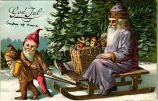 God Jul / Boldog karácsonyt! Mikulás törpszánon, dombornyomott litho / Christmas, Saint Nicholas on dwarf sled. Emb. litho